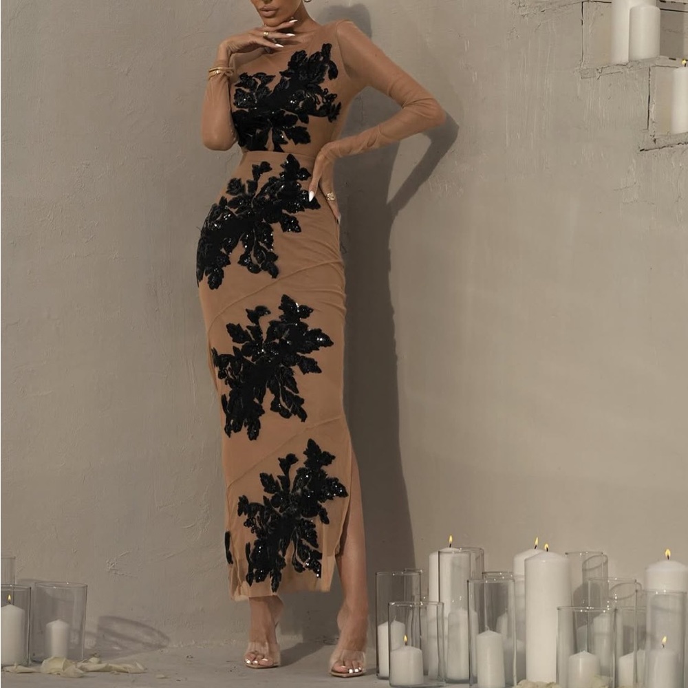 JLUXLABEL 2 piece SET bodysuit & skirt beige black embellished sequin flower - Picture 8 of 11